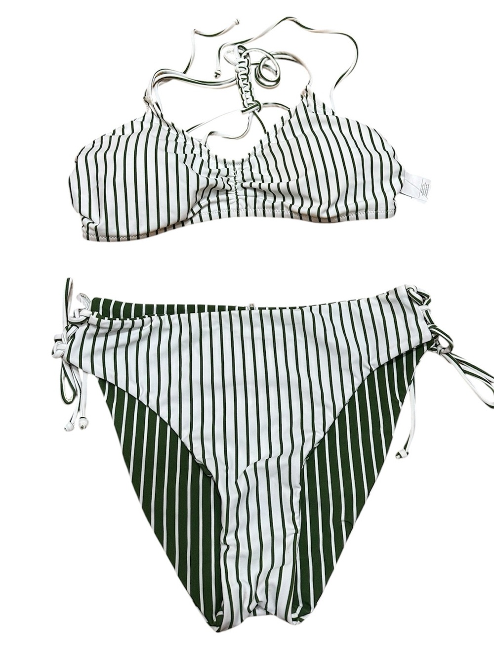 CUPSHE Striped Green & White Halter Bikini Swimsuit with Reversible Bottoms - M